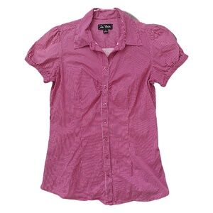 In Vain Petite Large Red White Pinstripe Button Up Shirt Ruched Short Puff Sleev